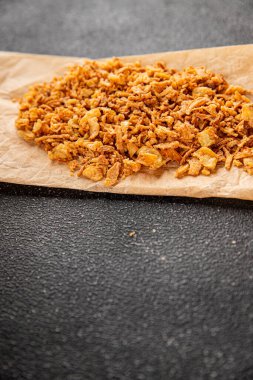 Kızarmış soğan çıtır soğan aperatif sebzeler taze lezzetli gurme yemek arkaplanı masa rustik gıda üst görünümü fotokopi alanı 