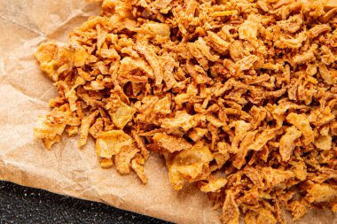 Kızarmış soğan çıtır soğan aperatif sebzeler taze lezzetli gurme yemek arkaplanı masa rustik gıda üst görünümü fotokopi alanı 