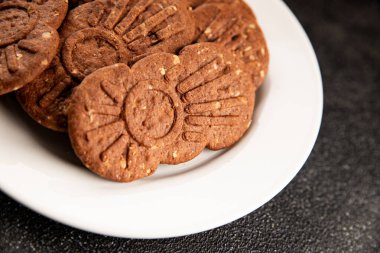 Kurabiye, çikolata, mısır gevreği, tatlı tatlı organik lezzetli gurme yemek arka planı, masa kırsal yiyeceklerin üst görünümü, fotokopi alanı.