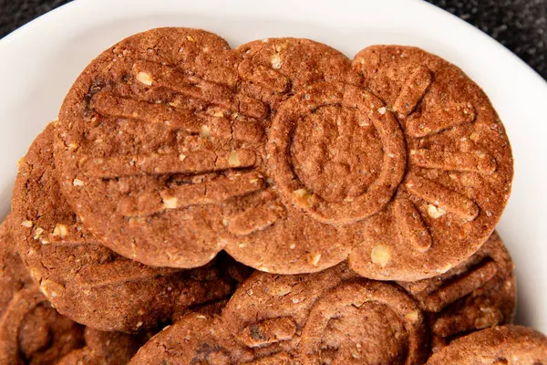 Kurabiye, çikolata, mısır gevreği, tatlı tatlı organik lezzetli gurme yemek arka planı, masa kırsal yiyeceklerin üst görünümü, fotokopi alanı.
