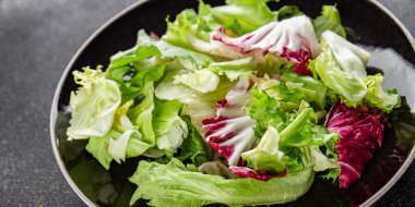 Salata karışımı buzdağı, batavya, marul, turşu, romano, arkadaş iştahlı sebzeler organik lezzetli gurme yemek arka planı masa fotokopisi alanı keto paleo diyet vejetaryen vejetaryen.