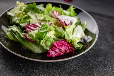 Salata karışımı buzdağı, batavya, marul, turşu, romano, arkadaş iştahlı sebzeler organik lezzetli gurme yemek arka planı masa fotokopisi alanı keto paleo diyet vejetaryen vejetaryen.