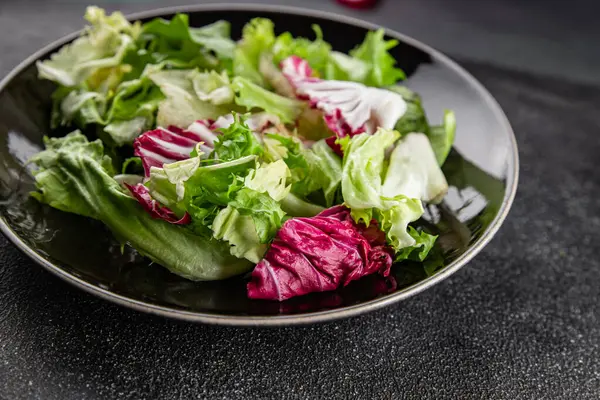 Salata karışımı buzdağı, batavya, marul, turşu, romano, arkadaş iştahlı sebzeler organik lezzetli gurme yemek arka planı masa fotokopisi alanı keto paleo diyet vejetaryen vejetaryen.