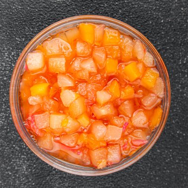 Şuruplu meyveler organik meyve ve meyveler tatlı tatlı lezzetli lezzetli gurme yemek arkaplanı masadaki rustik yiyecekler üst manzara fotokopi alanı