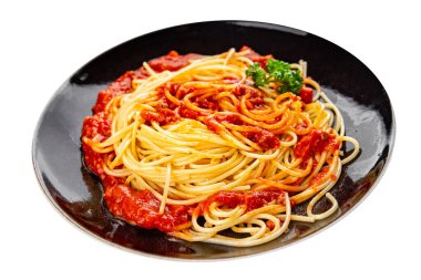Spagetti bolonez makarna sosu lezzetli lezzetli lezzetli gurme yemek arka plan masa kırsal yemek üst görünüm fotokopi alanı