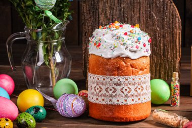 Paskalya pastası tatlı pasta geleneksel bayram hristiyanlığı taze lezzetli gurme yemek arkaplanı masa kırsal yiyeceklerin üst görünümü fotokopi alanı