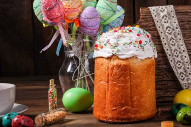 Paskalya pastası tatlı pasta geleneksel bayram hristiyanlığı taze lezzetli gurme yemek arkaplanı masa kırsal yiyeceklerin üst görünümü fotokopi alanı