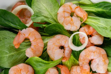 Karides salatası karidesler deniz ürünleri tabağı taze gurme yemek arkaplanı masa rustik gıdalar üst görünüm fotokopi alanı