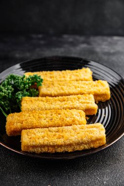 Balık, deniz mahsulü balık kroket, taze gurme yemek arkaplanı, masa rustik gıdanın üstüne, fotokopi alanı, pesseeter diyet.
