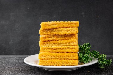 Balık, deniz mahsulü balık kroket, taze gurme yemek arkaplanı, masa rustik gıdanın üstüne, fotokopi alanı, pesseeter diyet.