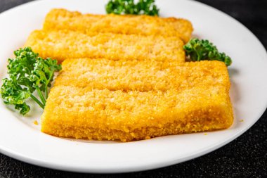 Balık, deniz mahsulü balık kroket, taze gurme yemek arkaplanı, masa rustik gıdanın üstüne, fotokopi alanı, pesseeter diyet.