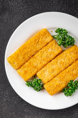 Balık, deniz mahsulü balık kroket, taze gurme yemek arkaplanı, masa rustik gıdanın üstüne, fotokopi alanı, pesseeter diyet.