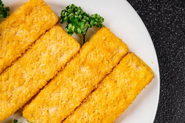 Balık, deniz mahsulü balık kroket, taze gurme yemek arkaplanı, masa rustik gıdanın üstüne, fotokopi alanı, pesseeter diyet.