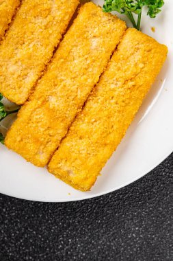Balık, deniz mahsulü balık kroket, taze gurme yemek arkaplanı, masa rustik gıdanın üstüne, fotokopi alanı, pesseeter diyet.