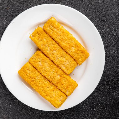 Balık, deniz mahsulü balık kroket, taze gurme yemek arkaplanı, masa rustik gıdanın üstüne, fotokopi alanı, pesseeter diyet.