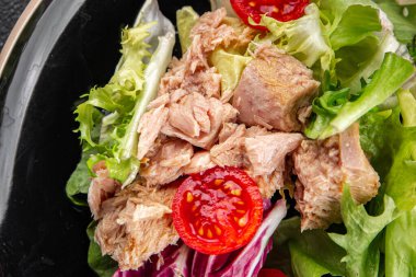 Ton balığı konservesi, yeşil yaprak, marul, meze, organik sebze, lezzetli gurme, arka plan, masa, köy manzarası, fotokopi, vejetaryen diyeti.