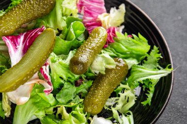 Salatalık turşusu salatalık turşusu yeşil yapraklı salatalık iştah açıcı sebzeler organik lezzetli gurme yemek arka planı masa yemeğinin üstünde fotokopi alanı vejetaryen yemekleri