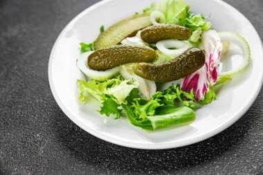 Salatalık turşusu salatalık turşusu yeşil yapraklı salatalık iştah açıcı sebzeler organik lezzetli gurme yemek arka planı masa yemeğinin üstünde fotokopi alanı vejetaryen yemekleri