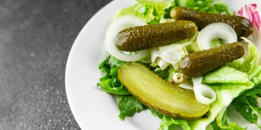 Salatalık turşusu salatalık turşusu yeşil yapraklı salatalık iştah açıcı sebzeler organik lezzetli gurme yemek arka planı masa yemeğinin üstünde fotokopi alanı vejetaryen yemekleri