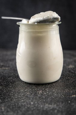 Skyr beyaz yoğurt aperatifi taze lezzetli gurme yemek arka planda masa rustik gıda fotokopi uzay keto ve paleo diyet vejetaryen gıda