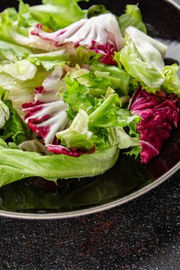 Salata yaprakları karışık buzdağı, batavya, marul, turşu, romano, arkadaş aperatifi sebzeler organik taze lezzetli gurme yemek arka planı masa fotokopisi alanı üzerinde