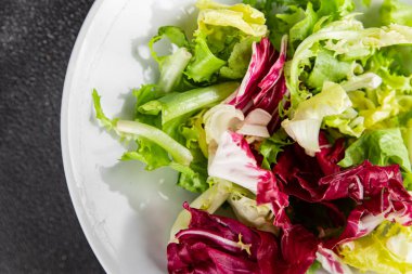 Salata yaprakları karışık buzdağı, batavya, marul, turşu, romano, arkadaş aperatifi sebzeler organik taze lezzetli gurme yemek arka planı masa fotokopisi alanı üzerinde