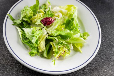 Salata yaprakları karışık buzdağı, batavya, marul, turşu, romano, arkadaş aperatifi sebzeler organik taze lezzetli gurme yemek arka planı masa fotokopisi alanı üzerinde