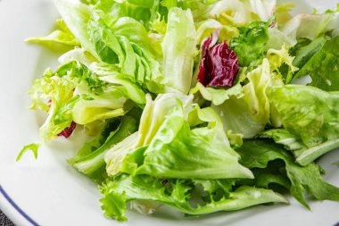 Salata yaprakları karışık buzdağı, batavya, marul, turşu, romano, arkadaş aperatifi sebzeler organik taze lezzetli gurme yemek arka planı masa fotokopisi alanı üzerinde