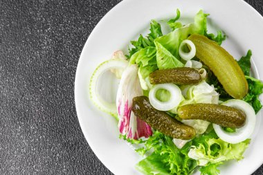 Salatalık turşusu salatalık turşusu karışık yeşil yaprak salatası iştah açıcı sebze yemeği taze organik lezzetli gurme yemek arka planı masanın üzerinde.