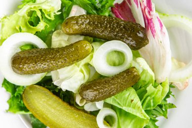 Salatalık turşusu salatalık turşusu karışık yeşil yaprak salatası iştah açıcı sebze yemeği taze organik lezzetli gurme yemek arka planı masanın üzerinde.