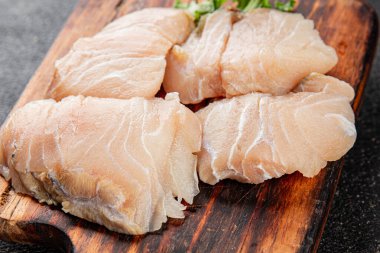 Rish fileto beyaz balık çiğ deniz ürünleri aperatif organik ürün taze lezzetli gurme yemek arkaplan masa rustik gıda üst görünüm yer fotokopi 