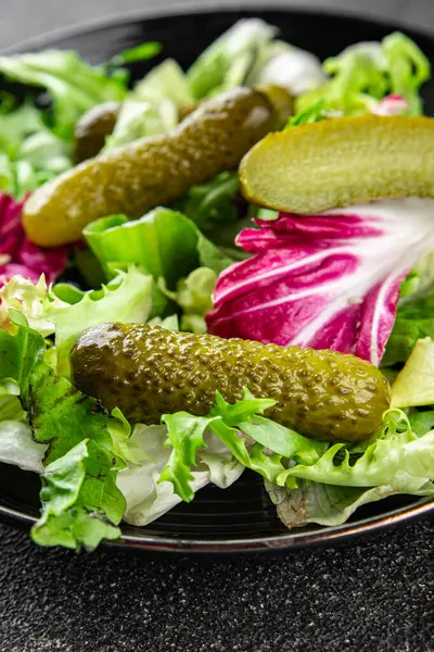 Salatalık turşusu salatalık turşusu karışık yeşil yaprak salatası iştah açıcı sebze yemeği taze organik lezzetli gurme yemek arka planı masanın üzerinde.