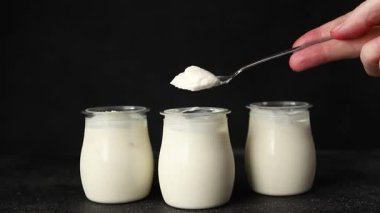 Beyaz yoğurt Skyr aperatif taze gurme yemek geçmişi masa rustik gıda üst görünüm fotokopi alanı keto ve paleo diyet