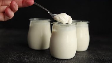Beyaz yoğurt Skyr aperatif taze gurme yemek geçmişi masa rustik gıda üst görünüm fotokopi alanı keto ve paleo diyet