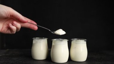 Beyaz yoğurt Skyr aperatif taze gurme yemek geçmişi masa rustik gıda üst görünüm fotokopi alanı keto ve paleo diyet