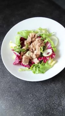 Ton balığı konservesi, yeşil yaprak, marul, meze, organik sebze, lezzetli gurme, arka plan, masa, köy manzarası, fotokopi, vejetaryen diyeti.