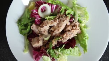 Ton balığı konservesi, yeşil yaprak, marul, meze, organik sebze, lezzetli gurme, arka plan, masa, köy manzarası, fotokopi, vejetaryen diyeti.