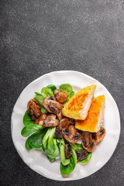 Pirzola, tavuk, jambon, peynir aperatifi masanın üzerinde taze lezzetli gurme yemek arkaplanı kırsal yiyecekler, fotokopi alanı.