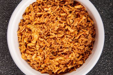 Kızarmış soğan çıtır soğan aperatif sebzeler taze lezzetli gurme yemek arkaplanı masa rustik yemek üst görünümü fotokopi alanı vejetaryen ve vejetaryen yemekleri