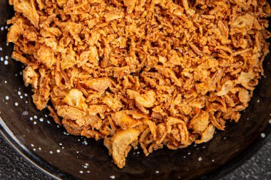 Kızarmış soğan çıtır soğan aperatif sebzeler taze lezzetli gurme yemek arkaplanı masa rustik yemek üst görünümü fotokopi alanı vejetaryen ve vejetaryen yemekleri