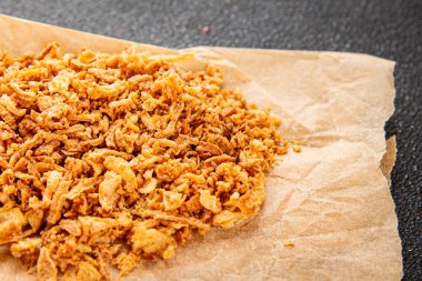 Kızarmış soğan çıtır soğan aperatif sebzeler taze lezzetli gurme yemek arkaplanı masa rustik yemek üst görünümü fotokopi alanı vejetaryen ve vejetaryen yemekleri