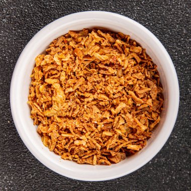 Kızarmış soğan çıtır soğan aperatif sebzeler taze lezzetli gurme yemek arkaplanı masa rustik yemek üst görünümü fotokopi alanı vejetaryen ve vejetaryen yemekleri