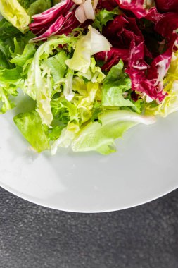 Salata karışık yeşil yapraklı buzdağı, batavya, marul, turşu, romano, arkadaş iştah açıcı sebzeler organik taze lezzetli gurme yemek arka planı masa fotokopisi alanı üzerinde 