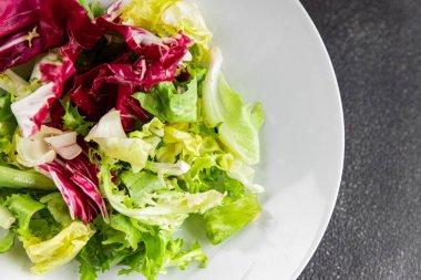 Salata karışık yeşil yapraklı buzdağı, batavya, marul, turşu, romano, arkadaş iştah açıcı sebzeler organik taze lezzetli gurme yemek arka planı masa fotokopisi alanı üzerinde 