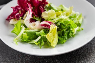 Salata karışık yeşil yapraklı buzdağı, batavya, marul, turşu, romano, arkadaş iştah açıcı sebzeler organik taze lezzetli gurme yemek arka planı masa fotokopisi alanı üzerinde 