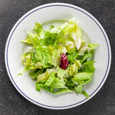 Salata karışık yeşil yapraklı buzdağı, batavya, marul, turşu, romano, arkadaş iştah açıcı sebzeler organik taze lezzetli gurme yemek arka planı masa fotokopisi alanı üzerinde 