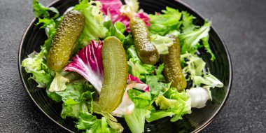 Salatalık turşusu salatalık turşusu yeşil yapraklı salatalık iştah açıcı sebzeler organik lezzetli gurme yemek arka planı masa yemeğinin üstünde fotokopi alanı vejetaryen yemekleri