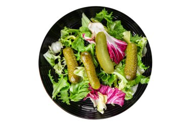 Salatalık turşusu salatalık turşusu yeşil yapraklı salatalık iştah açıcı sebzeler organik lezzetli gurme yemek arka planı masa yemeğinin üstünde fotokopi alanı vejetaryen yemekleri