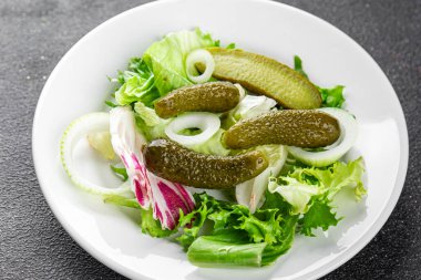 Salatalık turşusu salatalık turşusu yeşil yapraklı salatalık iştah açıcı sebzeler organik lezzetli gurme yemek arka planı masa yemeğinin üstünde fotokopi alanı vejetaryen yemekleri