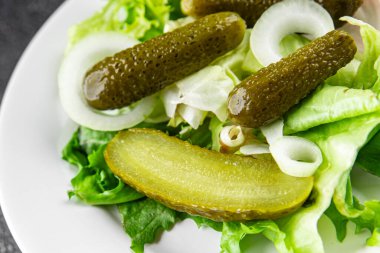 Salatalık turşusu salatalık turşusu yeşil yapraklı salatalık iştah açıcı sebzeler organik lezzetli gurme yemek arka planı masa yemeğinin üstünde fotokopi alanı vejetaryen yemekleri